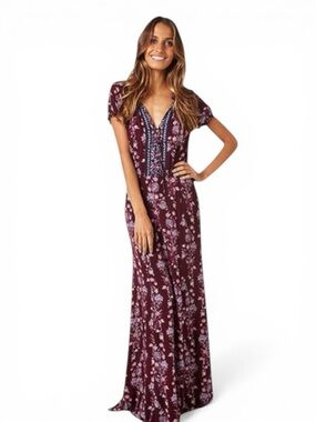Boho Burgundy Floral Maxi Dress Festival Cottagecore Romantic Flowy US 4